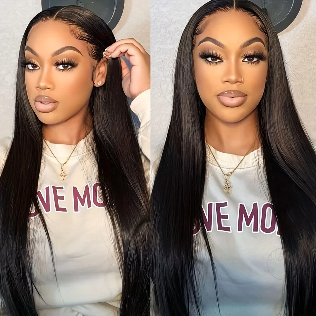 Havren 40 Inch Bone Straight Hd Lace Frontal Wig 13x6 360 Lace Wig Invisible Drawstring Pre-Plucked Natural Black Wig Brazilian