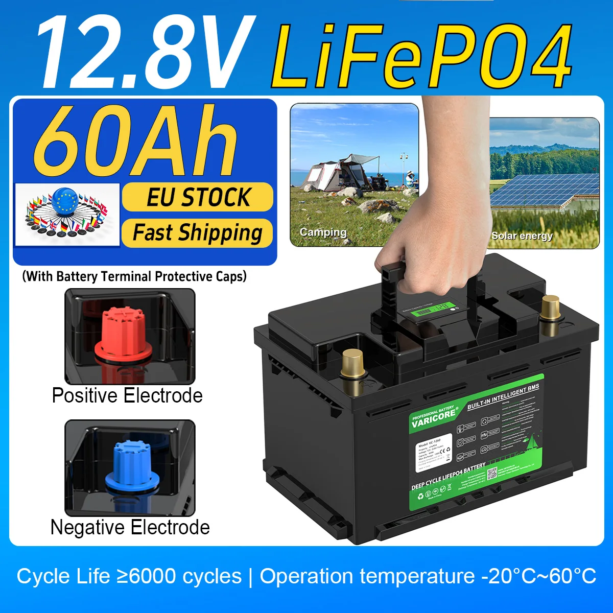 VariCore 12V/12,8V 60Ah LiFePO4-Batterie Lithium-Eisenphosphat mit Ladegerät, Lange Lebensdauer, Integriertes BMS, EU-Zollfrei, Großhandel