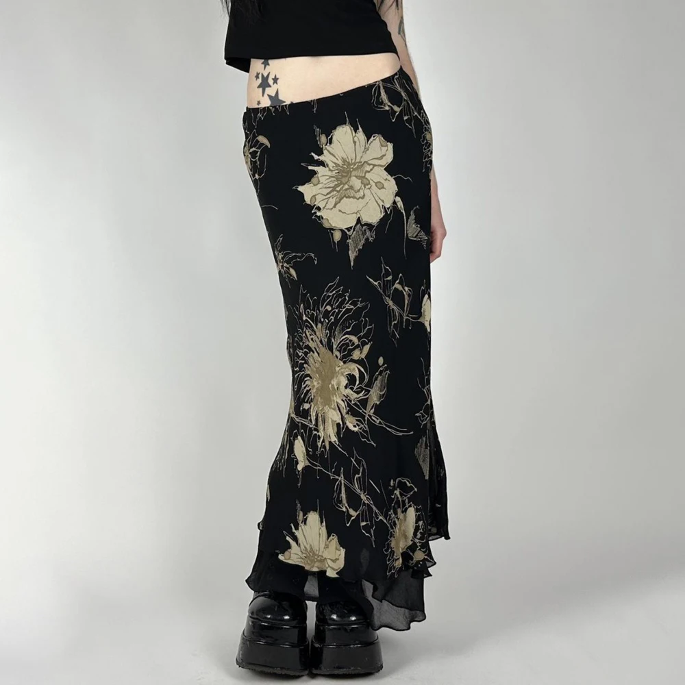 Y2K Tie-dye A-line Skirts Women‘s Fairycore Layered Mesh Fashion Floral Print Slim Black Streetwear Gothic Grunge Emo Maxi Skirt