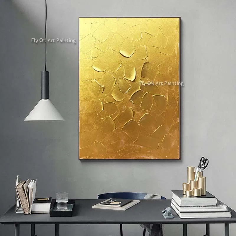 

Large Gold Foil Textured Thick Oil Painting Hand Painted Golde Acrylic Painting Abstract Leaves Minimalist Canvas Wall Art Decor