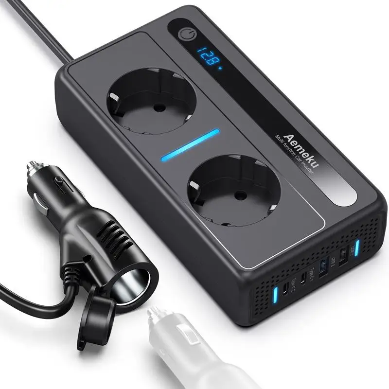 300W Auto-Wechselrichter 12V auf 220V Europäischer Standard Multifunktionales Digital-Display Mit 2 AC-Steckdosen, 2 USB-Anschlüssen, 2 Typ-C PD-Anschlüssen