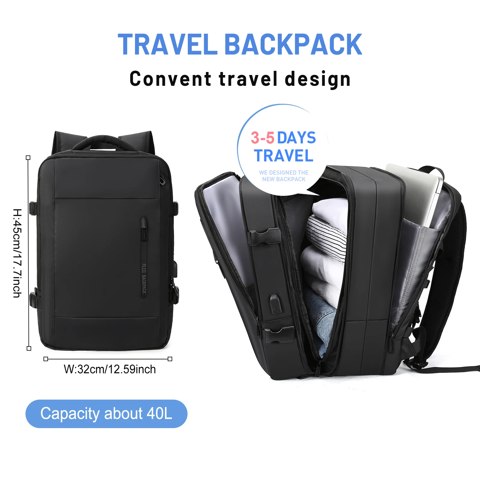 Business Travel Backpack for Men Expandable Water Resistant Backpack with USB, Black Laptop Backpack 15.6 Inch for College Work