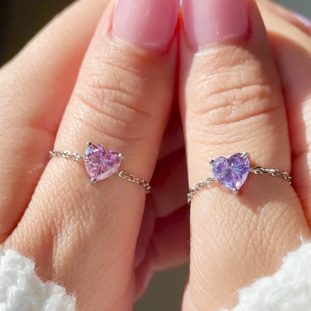Colored Zircon Heart Pull-out Chain Adjustable Rings For Women Fashion New Jewelry Gift Party Wedding Anillos Mujer