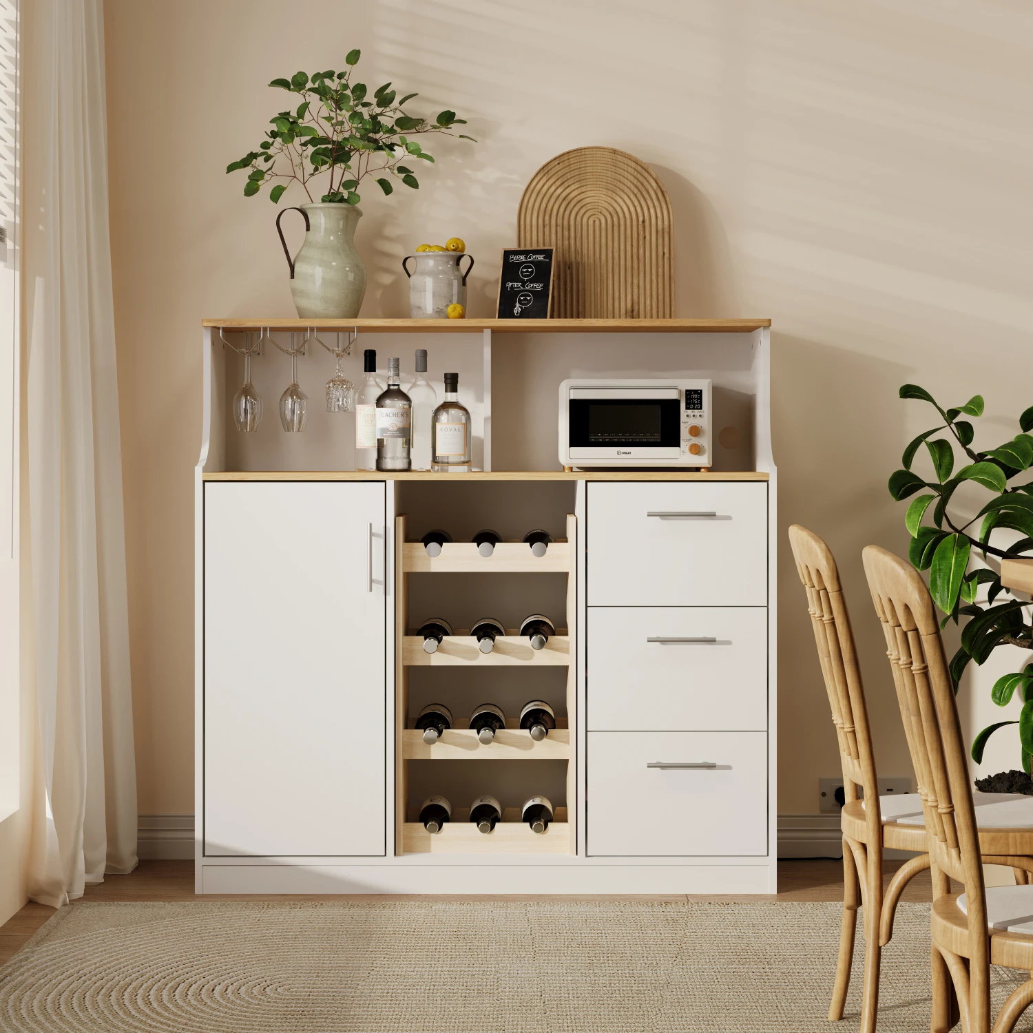 Commode à tiroirs, bar de restaurant avec éclairage LED, prises électriques, porte-verres, casier à vin, espace de rangement multi-niveaux, adapté à une utilisation dans les restaurants et cuisines