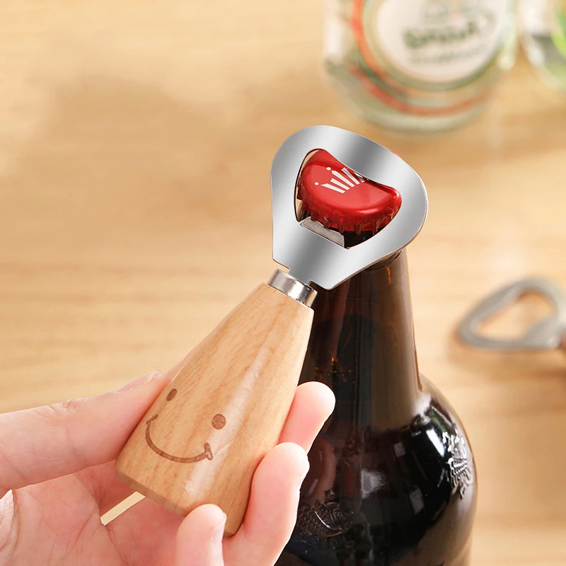 Creative Smile Stainless Steel Bottle Opener Wooden Handle Beer Opener Kitchen Bar Tools Accessories Gadget