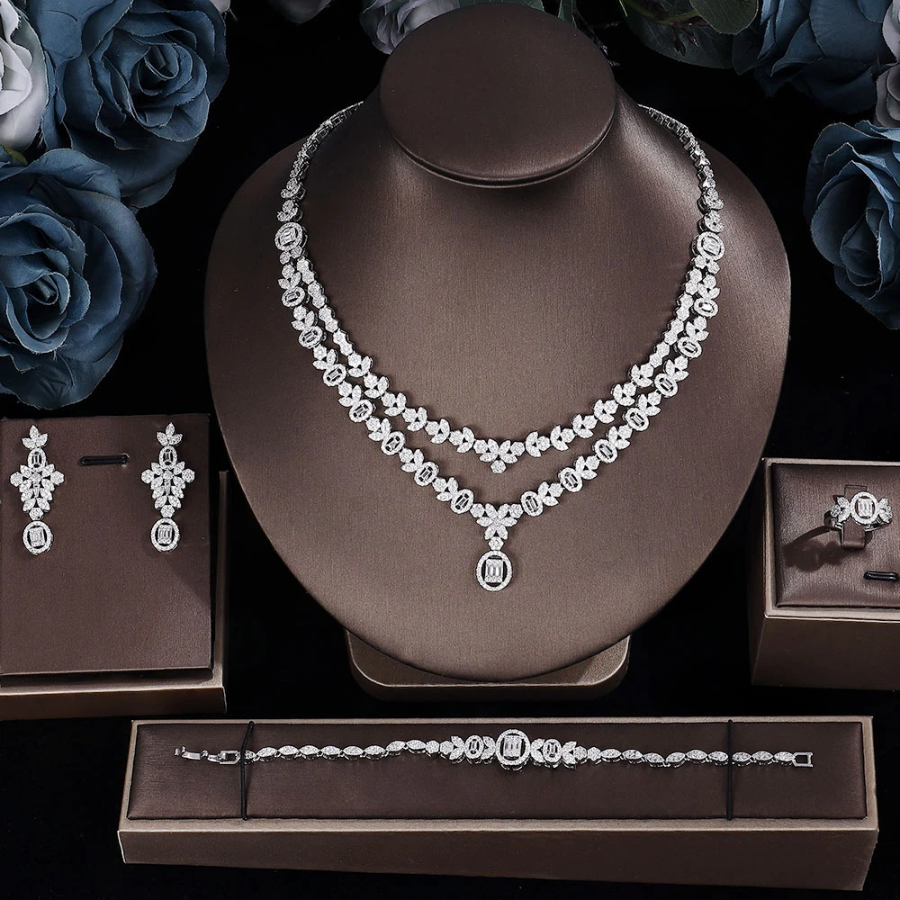 

Brilliant UAE Saudi Arabia Wedding Jewelry Set Cubic Zirconia 4pcs Bride Jewelry Accessories Double Layers Necklace