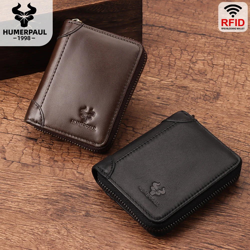 HUMERPAUL Genuine Leather ID Credit Card Holder Wallet for Men Fashion Anti Demagnetization Cards Organizer Money Bag