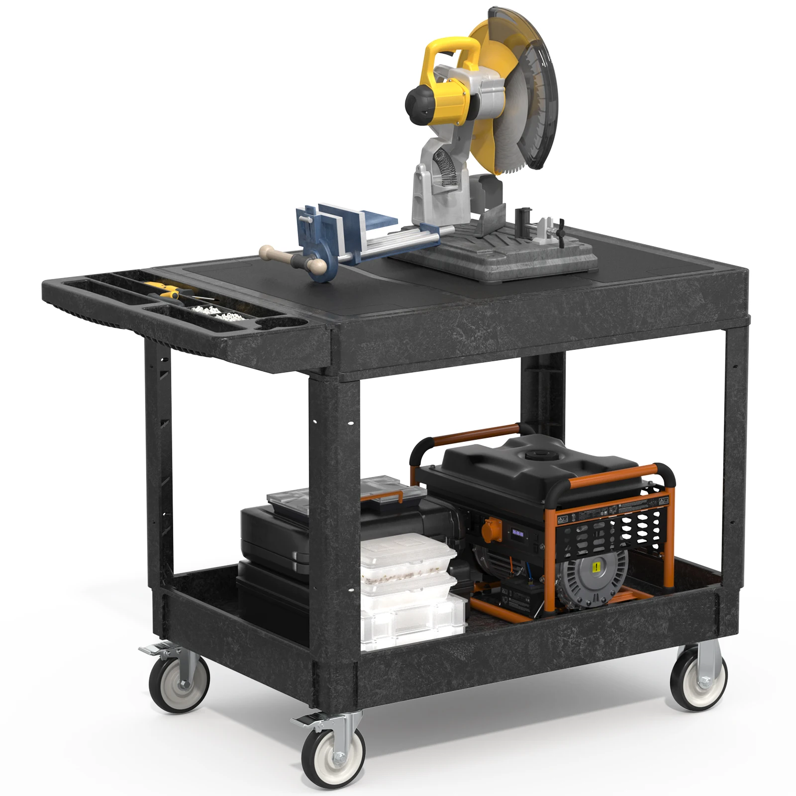 

Пластиковая тележка-платформа для обслуживания с 2 полками, усиленная, на колесах, с поворотом на 360 градусов ° Поворотные колеса для уборки на складах и в гаражах