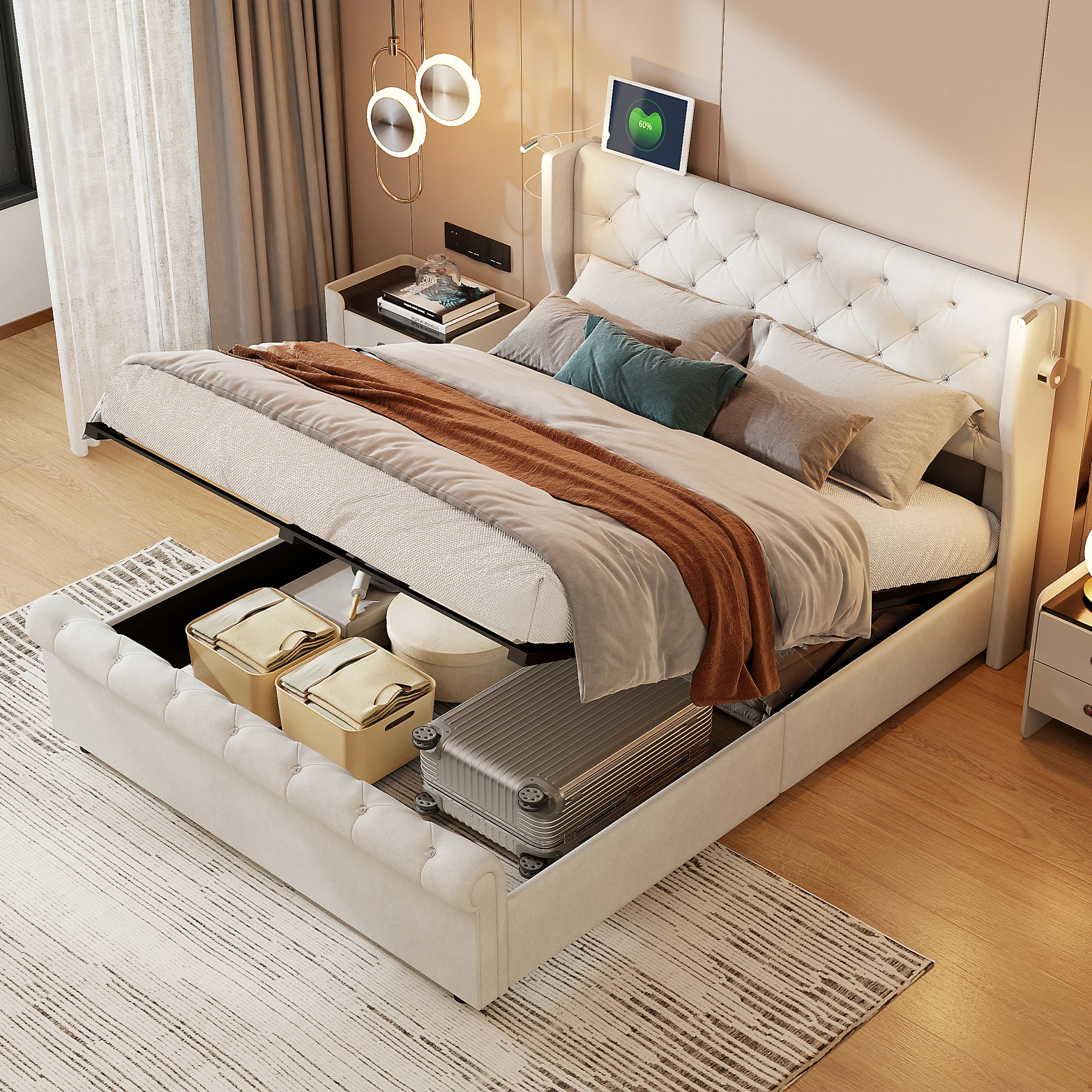 Cama doble tapizada para 2 personas con luces LED y puerto USB, cama acolchada con somier y cabecero de