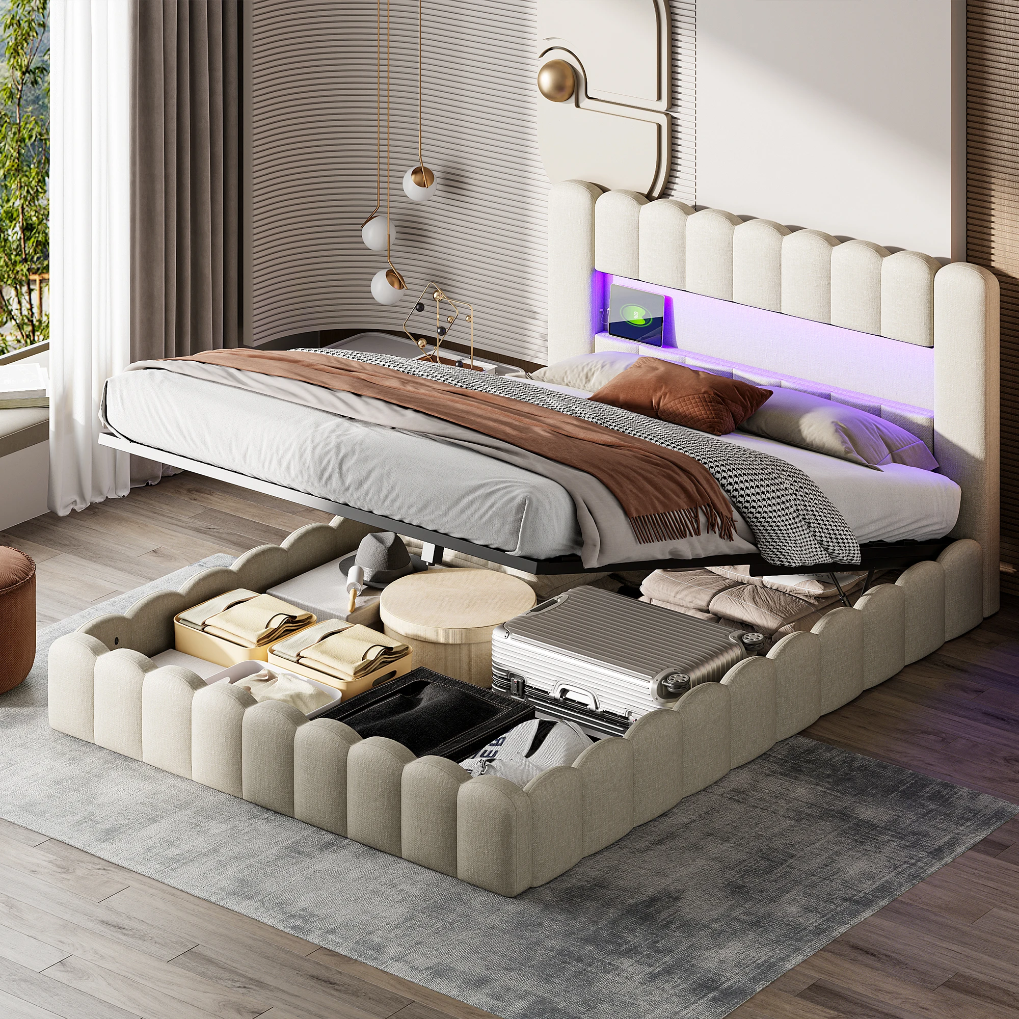 Comanlai gestoffeerd tweepersoonsbed 180x200cm met hydraulische opbergruimte, bedframe met LED-verlichting & USB-oplaadpoort - afbeelding 1