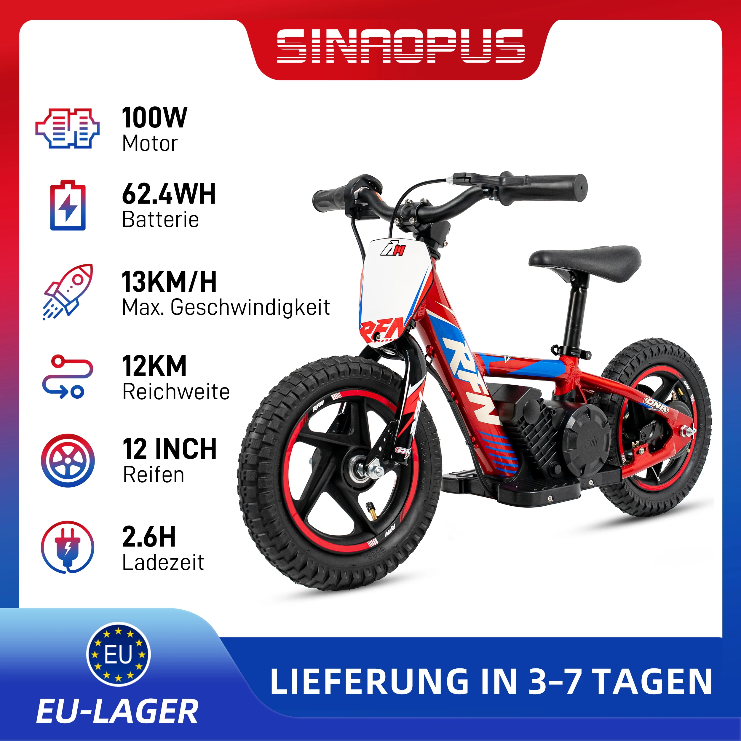 Rfn 12-Zoll Elektro-Dirtbike für Kinder, 24V 64,2Wh Offroad-Motorrad für Jungen & Mädchen, All-Terrain Racing Ride-On Bike, Höchstgeschwindigkeit 13 km/h