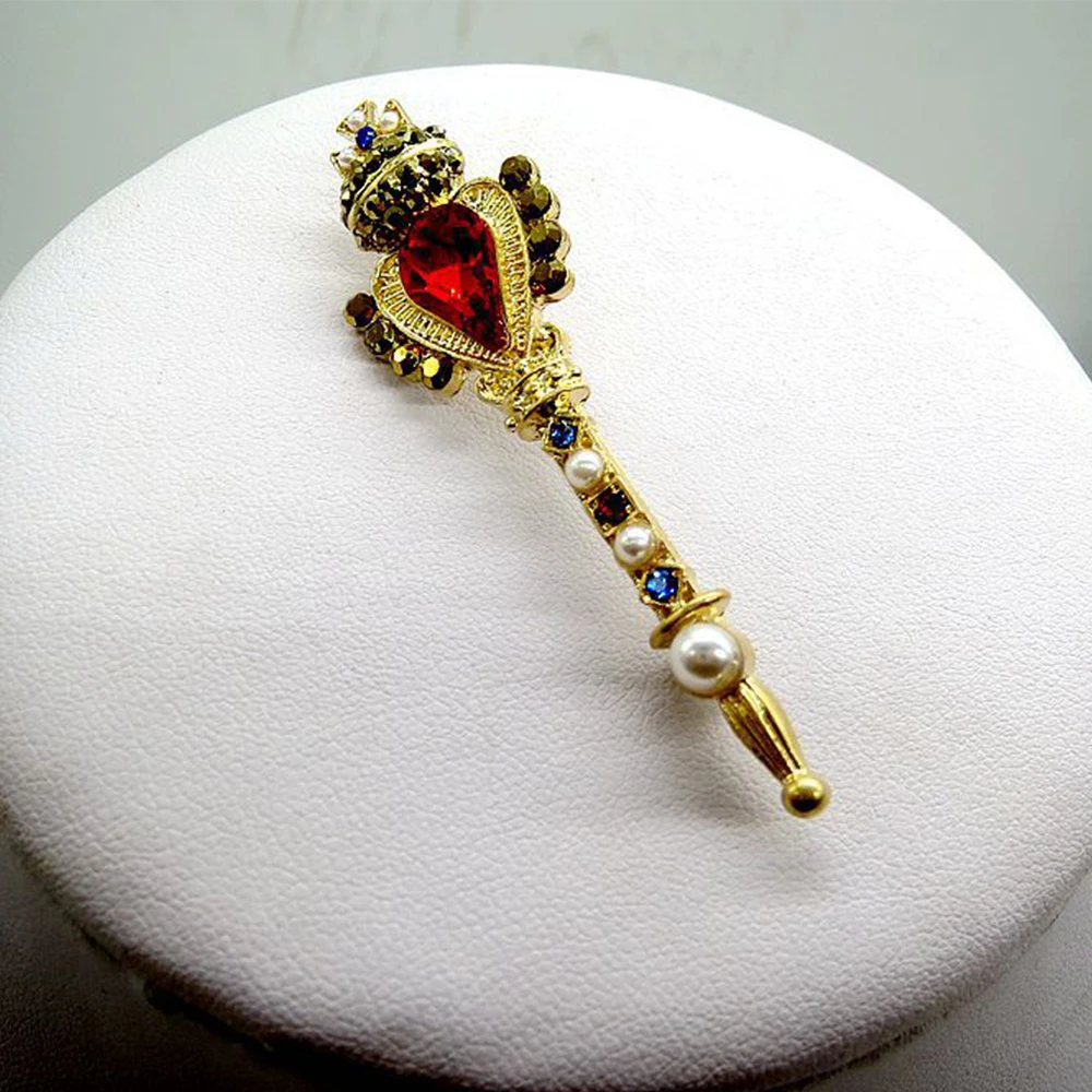 Vintage Jewelry Stunning Lapel Pin Gold Color Ruby Red Crystal Rhinestone Pearl Sceptering Queen Princess Crown Brooch Women