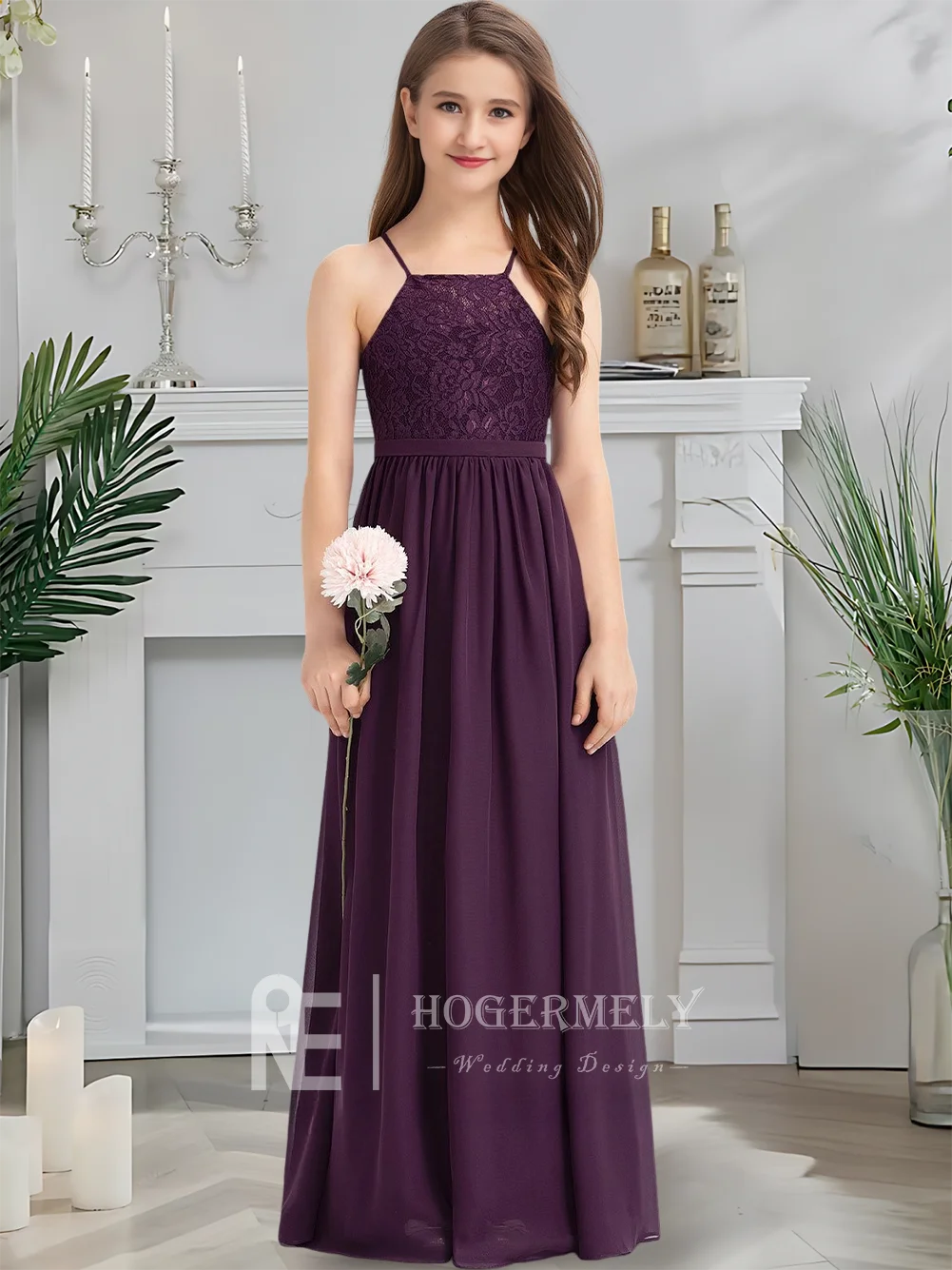 Роскошное платье подружки невесты с квадратным вырезом, королевское сливовое платье с цветочным узором для девочек, длиной до пола, шифоновое кружево, свадебное причастие