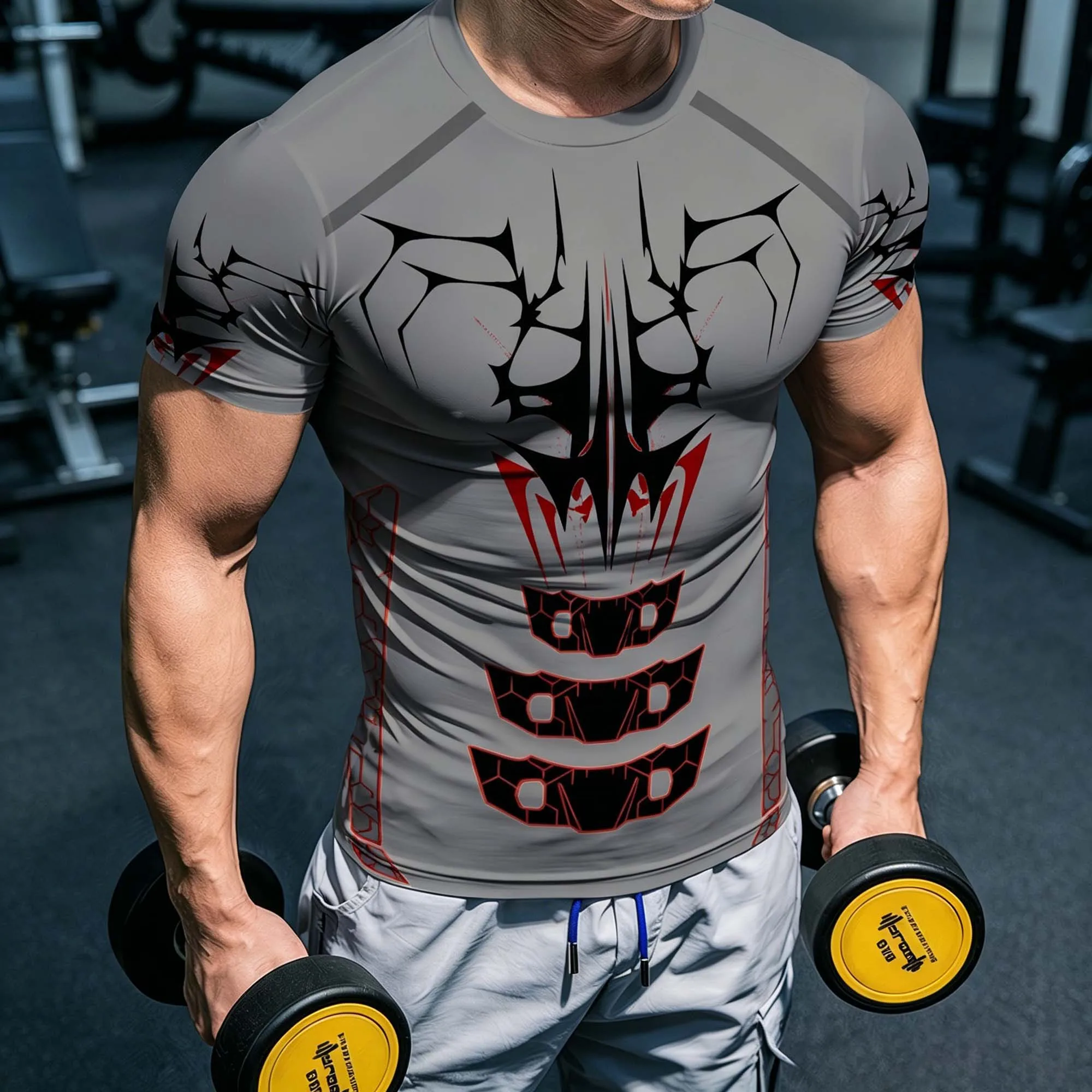 Cyber Techwear Herren-T-Shirt mit abstraktem Rüstungsgrafik-Design, schmaler Passform, Rundhalsausschnitt, atmungsaktiv, kurzärmelig, für Crossfit, Streetwear, Alltag und Workout