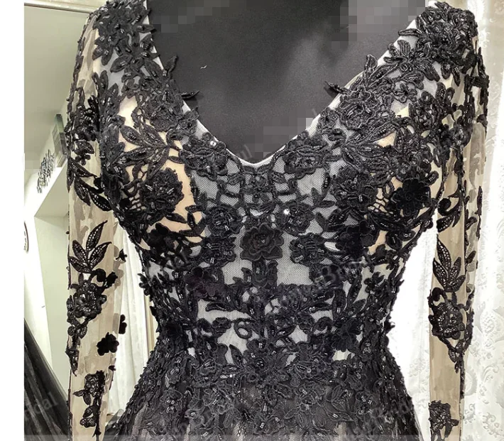 Gothic Black A Line Long Sleeve V Neck Wedding Dress Lace Appliques 2023 Robe Bridal Boho Gowns for Women trouwjurk