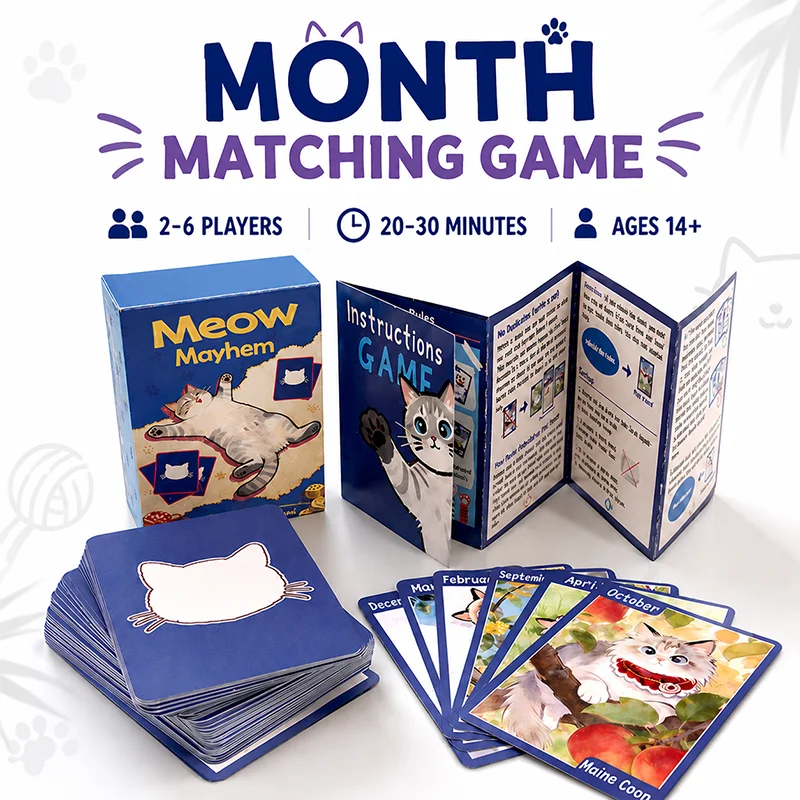 Jeu de cartes Meow Mayhem Set Collection pour 2 à 6 joueurs, cartes Match Month, Empty Hand, jeu de stratégie léger pour la famille et les fêtes, à partir de 14 ans