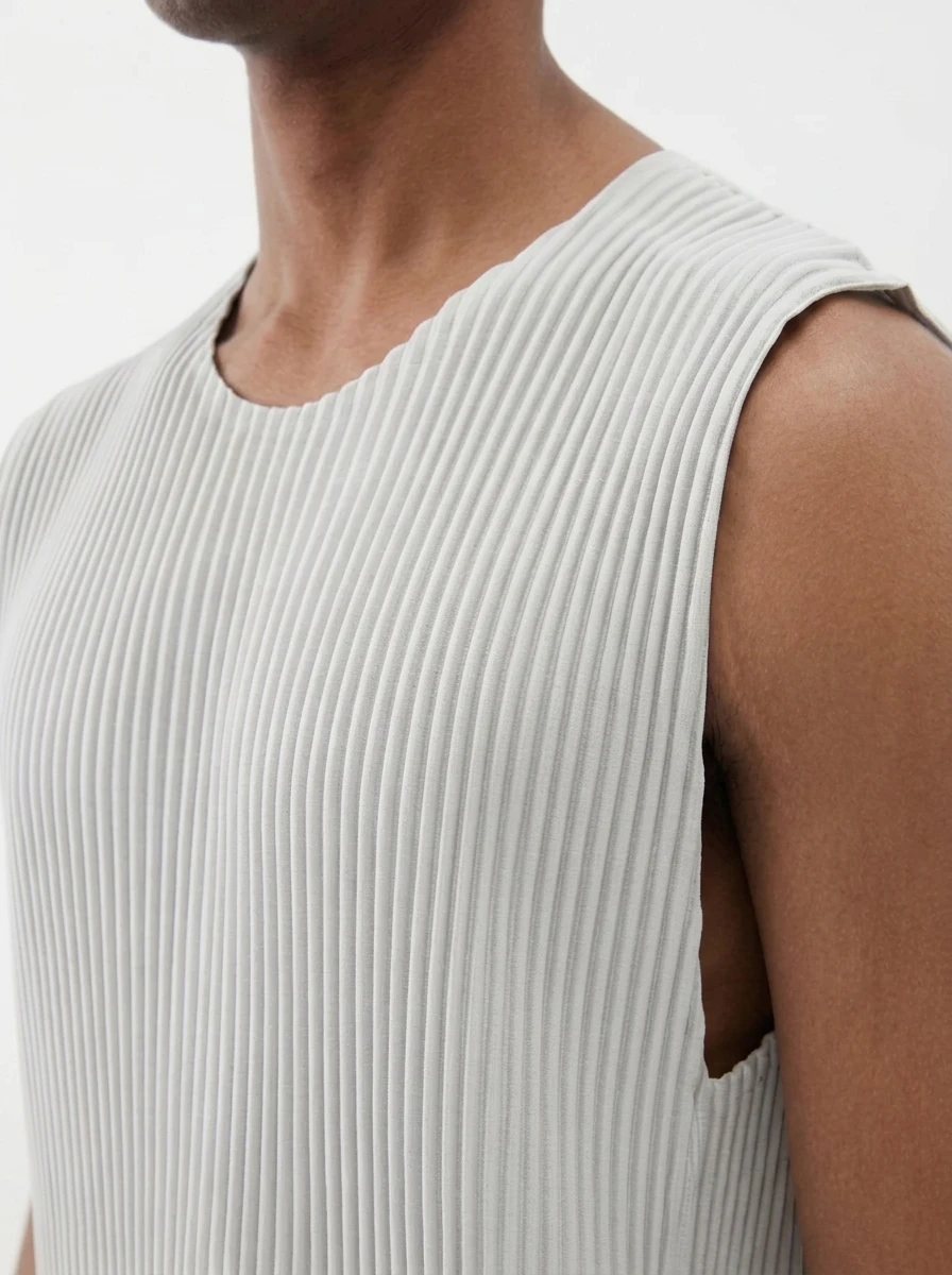 Miyake Pleated Men Sleeveless Vest Round Neck Loose Fit Casual Tank Top Japanese Minimalist Daily