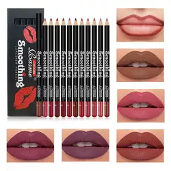 12 Colors Lip Liner Pen Set Fashion Black Rod Waterproof Non-stick Cup Easy To Color Lipstick Pen Makeu