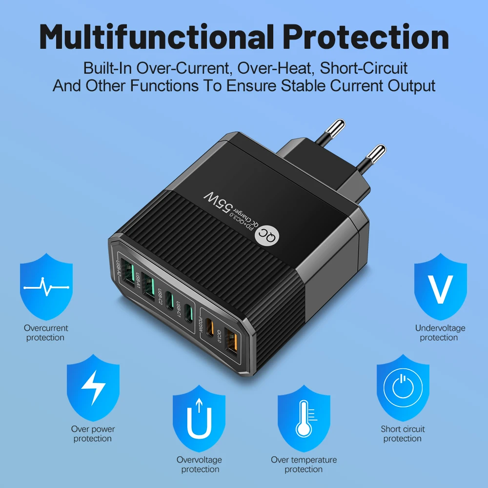 6 портов PD USB зарядное устройство 55 Вт адаптер для быстрой зарядки мобильного телефона для iPhone Xiaomi Samsung Huawei Quick Charge3.0 настенное зарядное устройство KR Plug