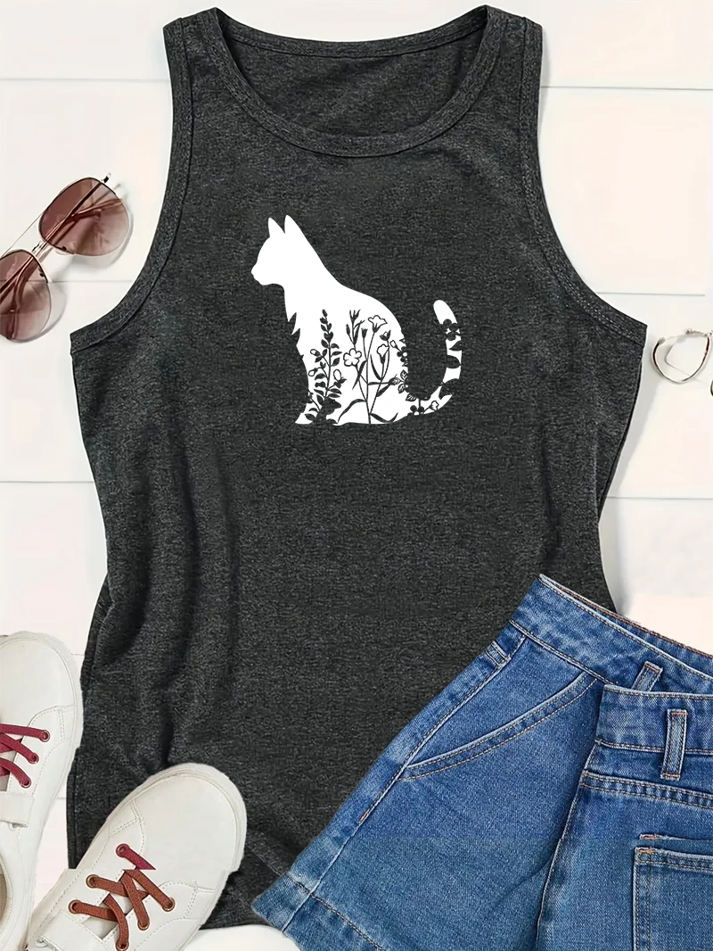 Animal Cat Flowers Bush Sports Fashion Women's Tank Top Loose O Neck Sleeveless Casual Tank Top For Clothing