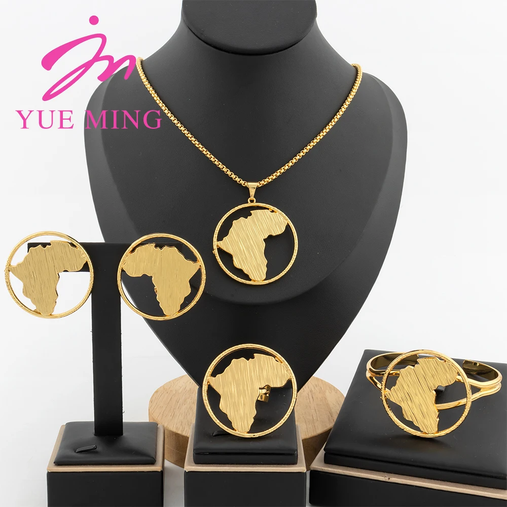 

4pcs Jewelry Set for Women Dubai Gold Color African Map Pendant 40cm Necklace Clip Earrings Cuff Bangles Adjustable Ring Jewelry