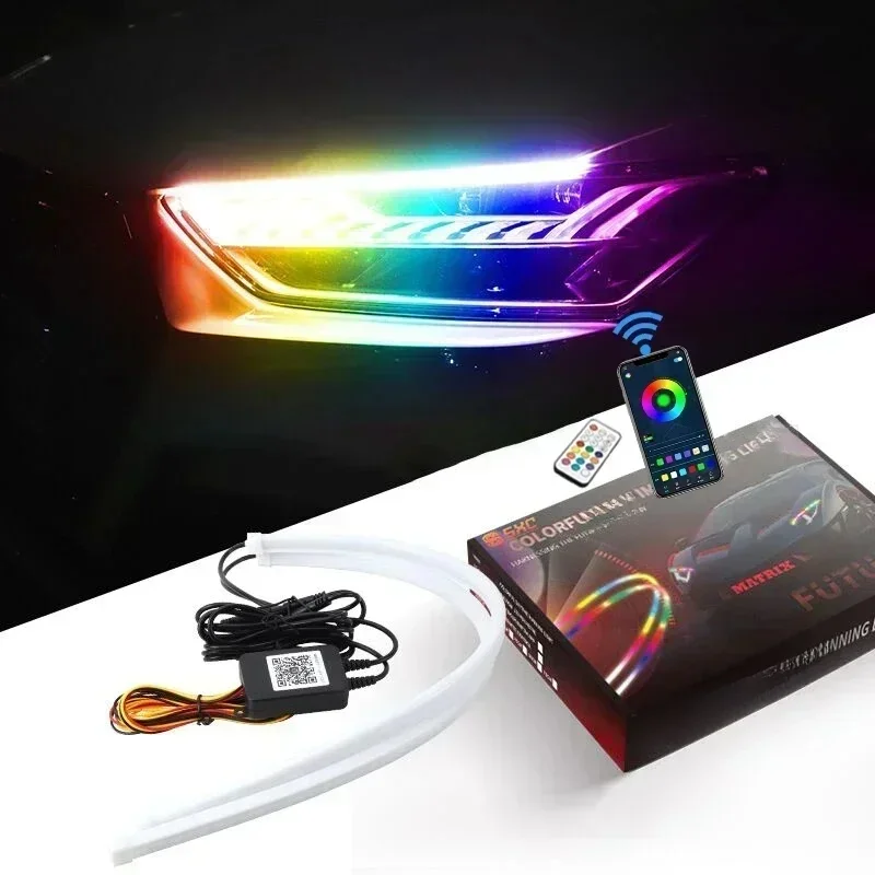 12V DRL Auto LED Tagfahrlicht APP Steuerung Flexible RGB Symphonie Fließende Blinker Streifen Scheinwerfer Dekorative Lampe