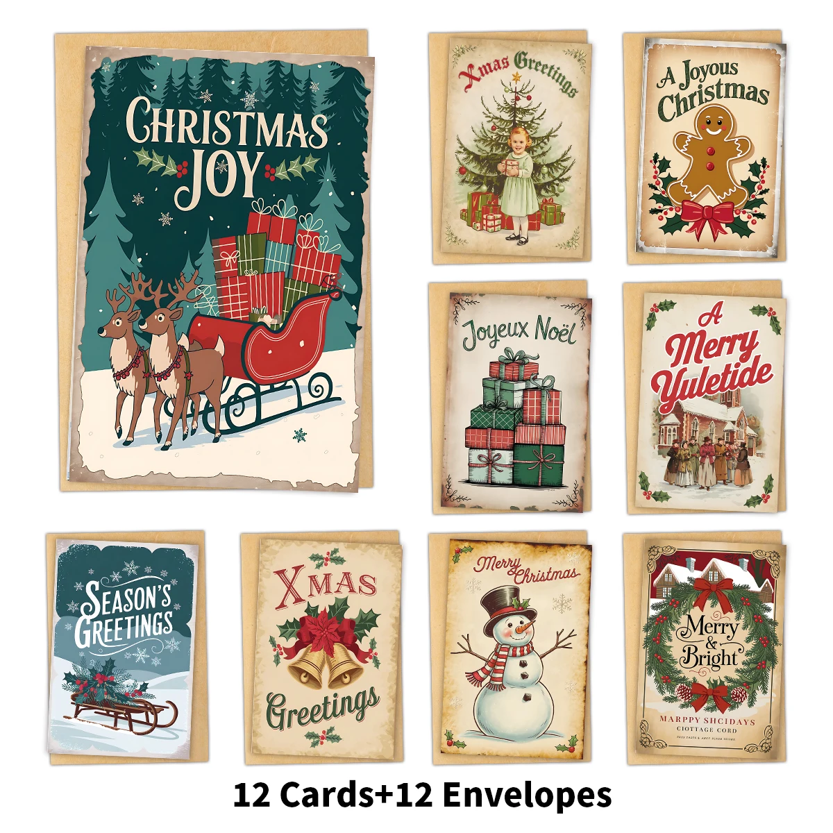 12 Stück Vintage-Weihnachtsgrußkarten mit Umschlag – festliche Karten für Wünsche, Gewürzgruß für Freunde, Familie, Weihnachtsgeschenk-E-Mail