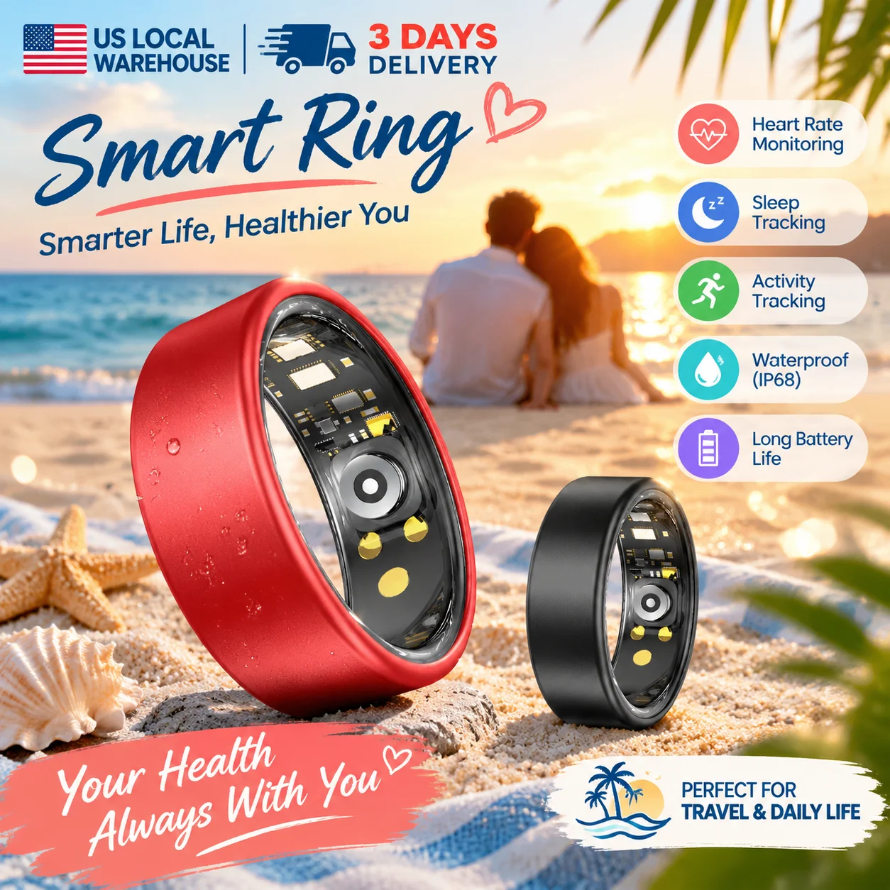 Smart Ring Heart Rate Blood Pressure Sleep Monitoring Motion Tracking Waterproof Men Women Smart Ring For Android Holiday Gift Couple Rings Smart