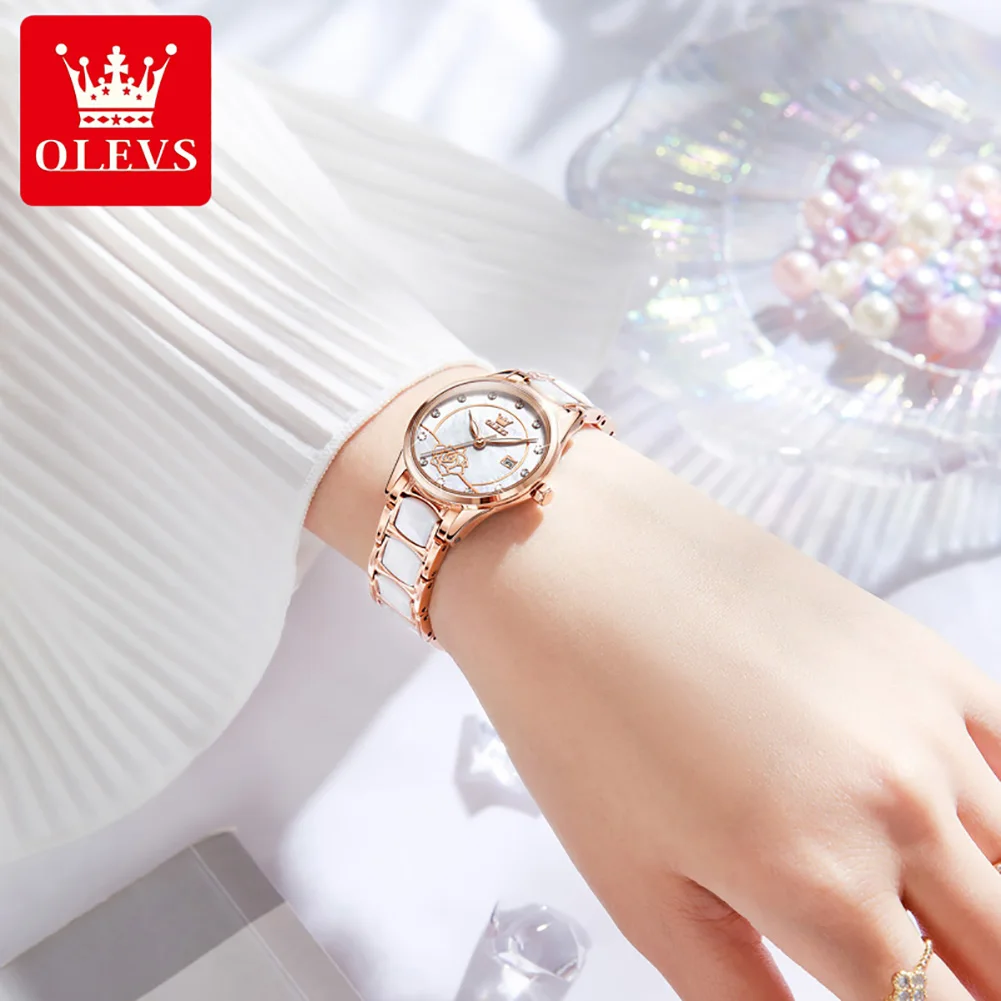OLEVS Rose Gold Ceramic Japan Quartz movement Ladies Watch Elegant Fashion Luxury Luminous Valentine's Day Christma Gift