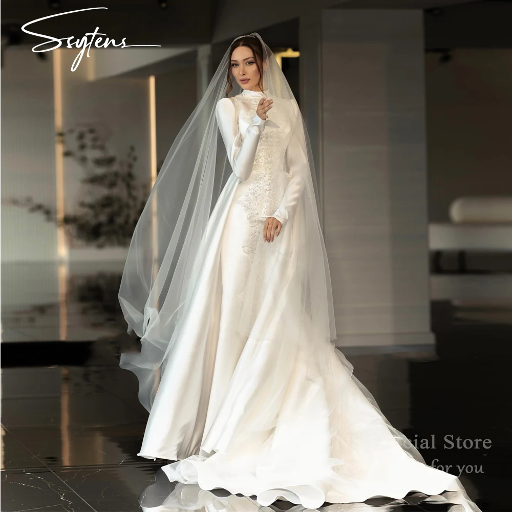 

SSYTENS Elegant Wedding Dresses Satin Wedding Dresses Luxury Bridal Gown Modest Appliques Lace Long Wedding Dresses Customized