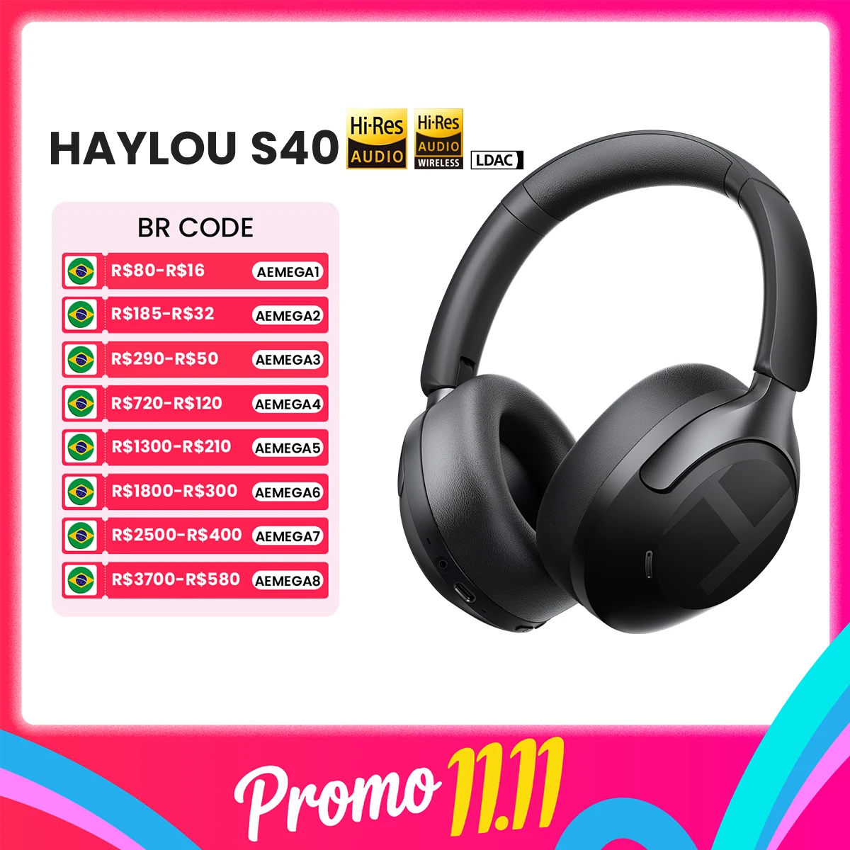 Fone de Ouvido Sem Fio HAYLOU S40 ANC com Cancelamento de Ruído de 50dB, Áudio Espacial 3D de Alta Resolução, Fone de Ouvido Bluetooth 6.0 Over Ear