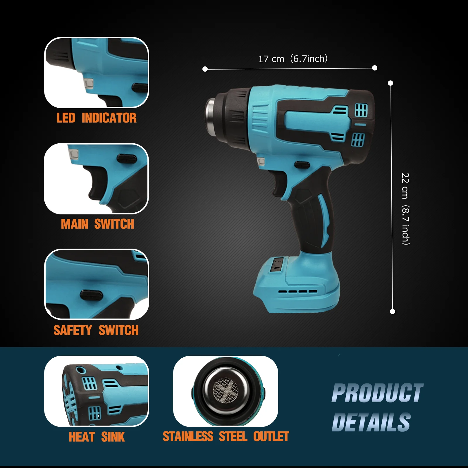 500W Cordless Heat Gun Hot Air Machine Handheld Electric Heat Gun Rechargeable Heating Equipment Fit for Makita 18V Battery