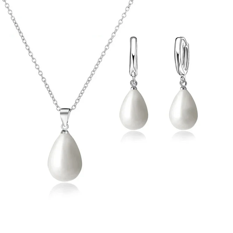 925 prata esterlina cor pérola pingente colar loop hoop brincos branco lágrima feminino meninas