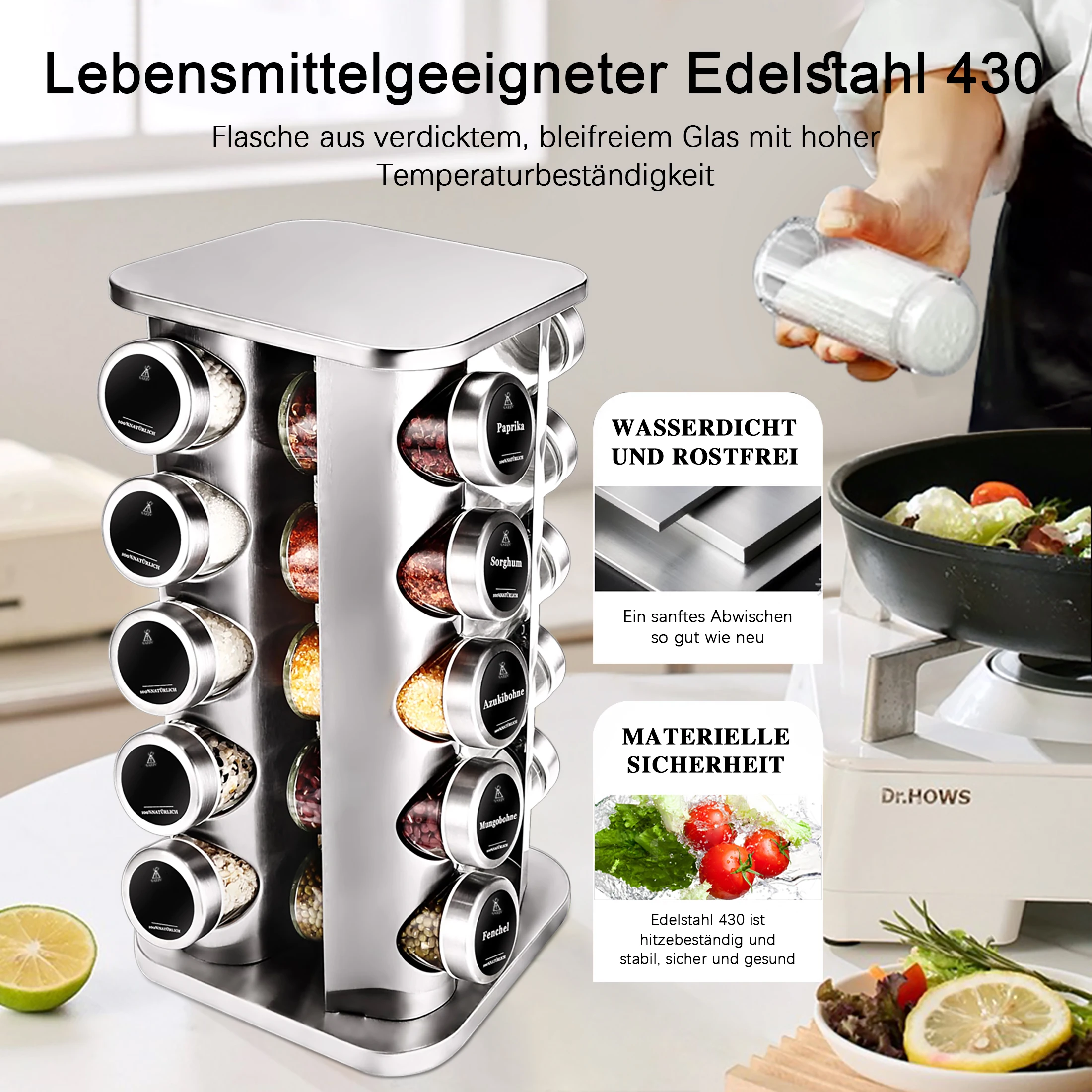 Gewürzgläser-Set - Quadratisches Gewürzregal mit 20 Gewürzgläsern, 360° ° Drehbarer Gewürzständer, Runde Edelstahl-Gewürzdosen mit Deckel – Detail 6