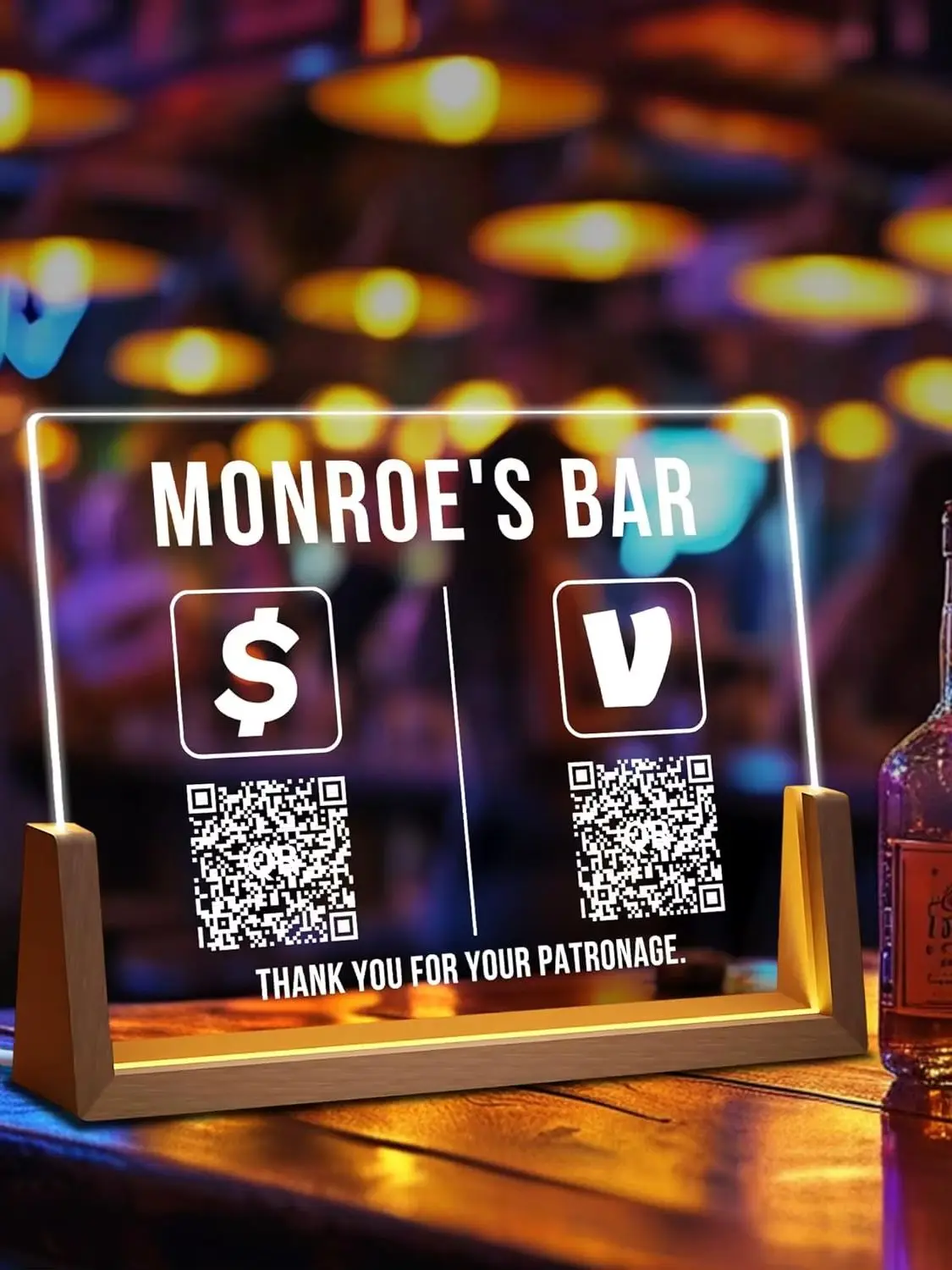 علامة رمز QR من الأكريليك مقاس 8 بوصة مخصصة للأعمال للمسح الضوئي للدفع، والوسائط الاجتماعية، وواي فاي، وعرض الباركود مع حامل أو قاعدة خشبية