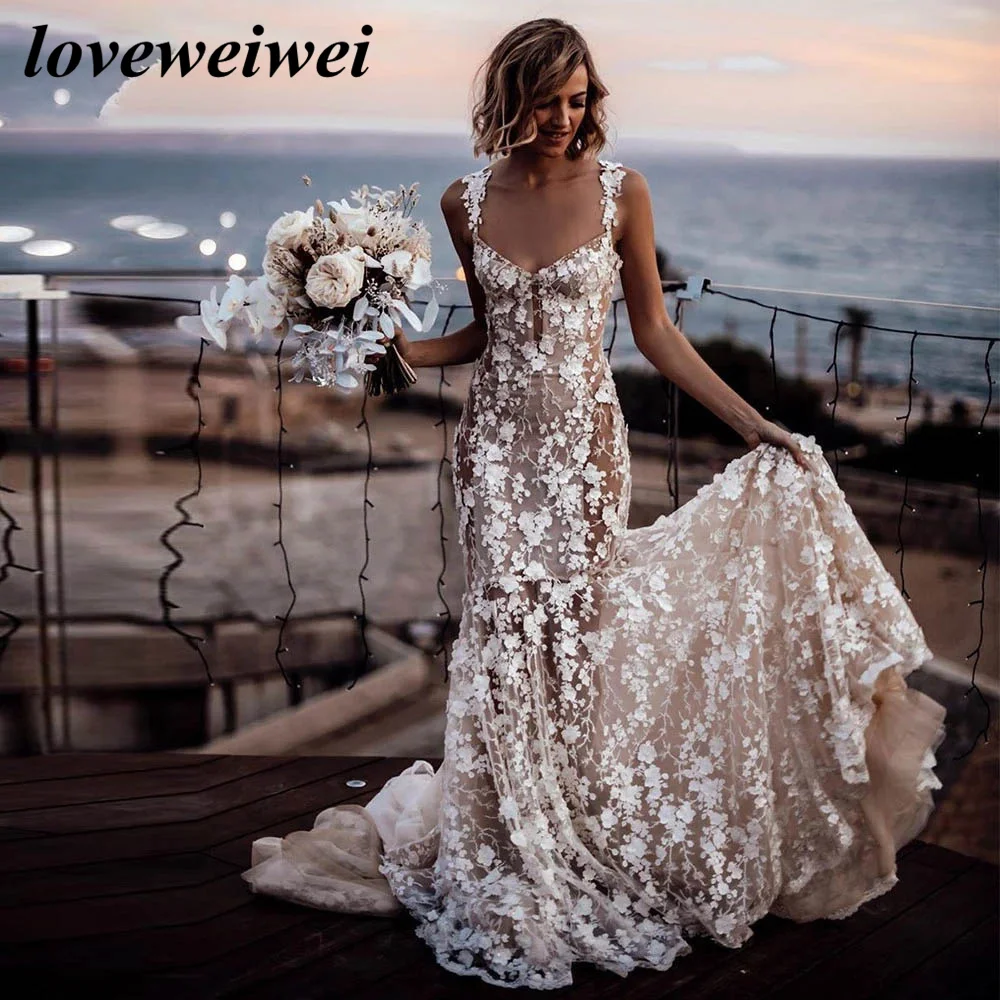 Spaghetti Straps Mermaid Wedding Dress Lace Applique Wedding Gown Boho Flowers Bridal Dress Sweetheart Bridal Gown Vestido Novia