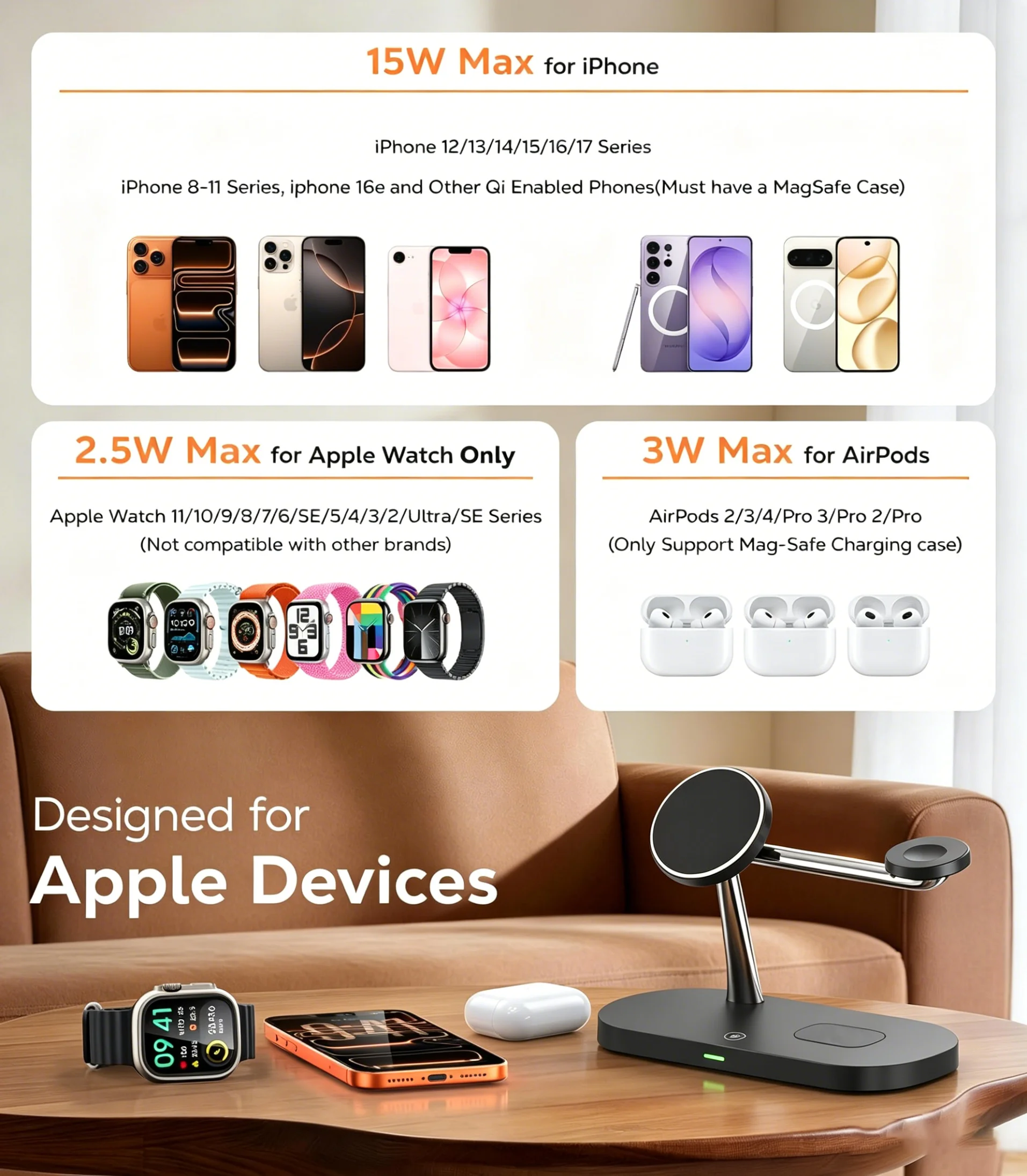 3 in 1 Magnetic Wireless Chargers Fast Charging Station For iPhone 12 13 14 15 16 For Apple Watch 10 9 8 7 6 5 Airpods Pro