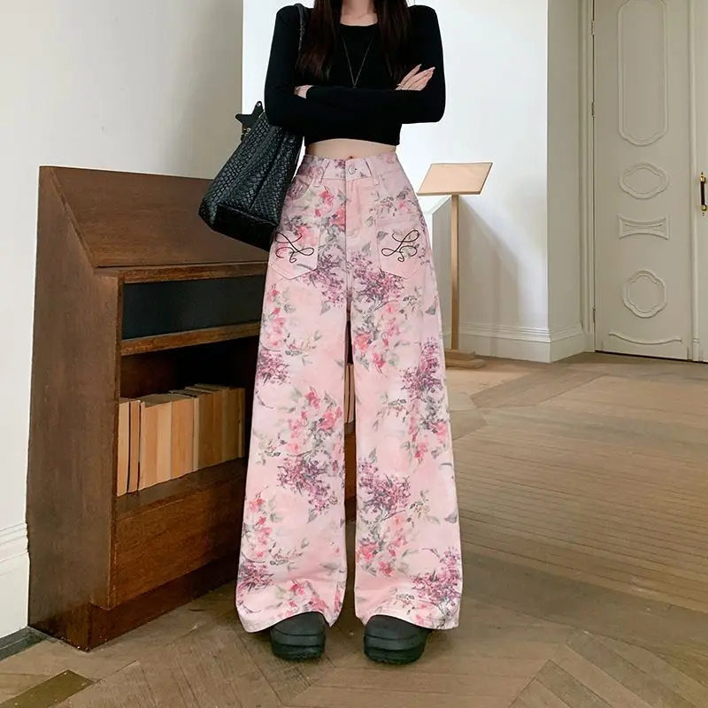 

Women's Pink Flower Embroidered Printed Jeans Harajuku Korean Fashion Chic Loose Casual Straight High Waist Wide-Leg Trousers