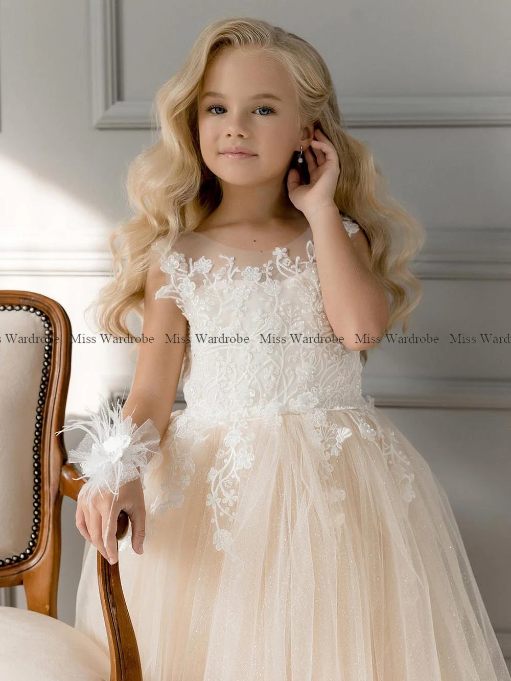 Glitter Flower Girl Dresses Princess Lace Applique For Wedding Pageant  A-Line Tulle  Guest Evening Party  Kids