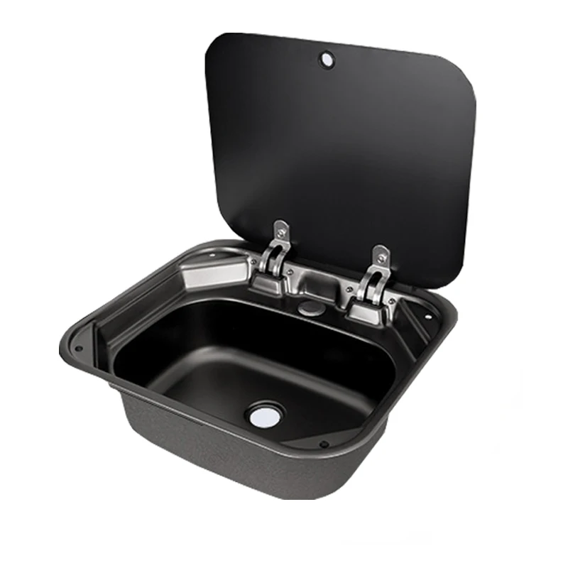 Schwarz-Graues Camper-Waschbecken mit Hitze- und Kältegeregelter Armatur, Klappbarem Wasserhahn und Gehärtetem Glasdeckel mit Schalldämpfender Unterseite