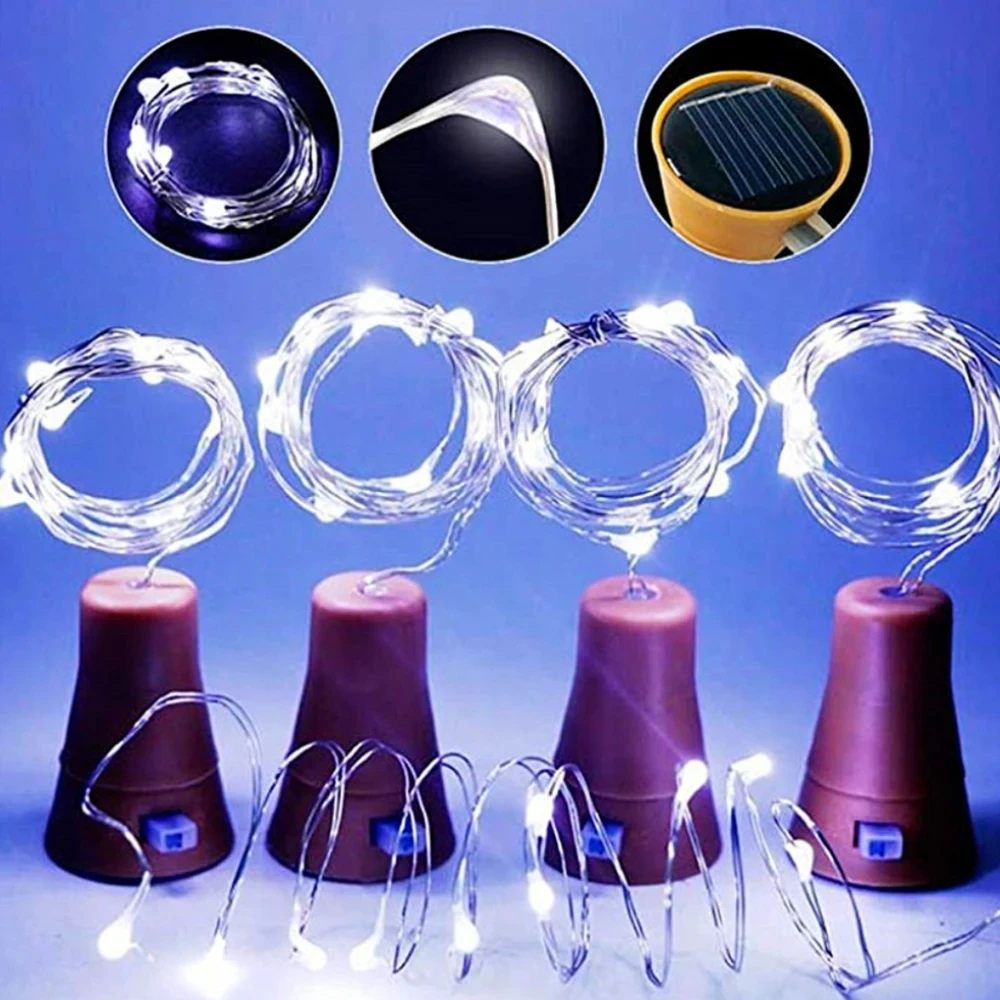 Lampu botol anggur surya dengan gabus 2M 20LED lampu tali peri untuk pesta DIY dekorasi lampu Natal pernikahan kawat tembaga