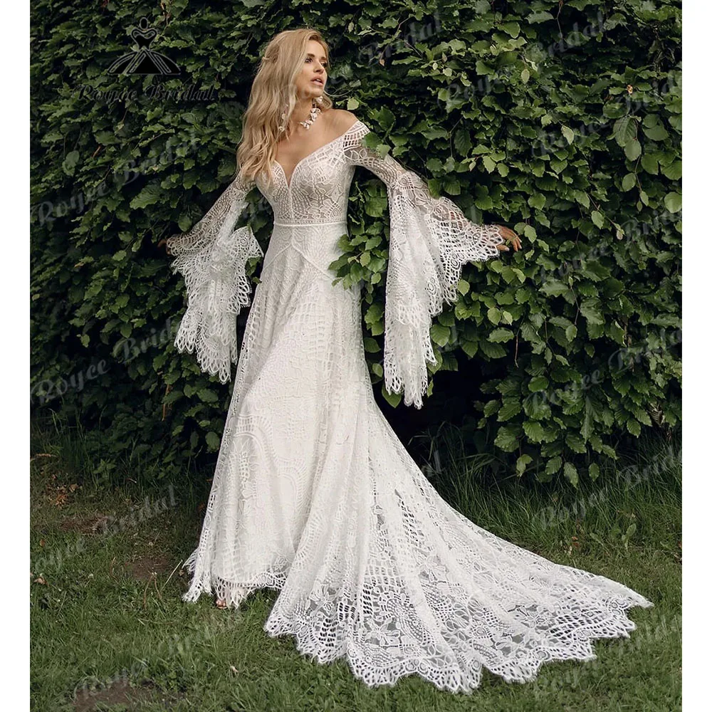 Modest Long Batwing Sleeve Backless Lace Bohemian Wedding Dress for Bride 2024 Rustic Wedding Gown Customized vestido casamento