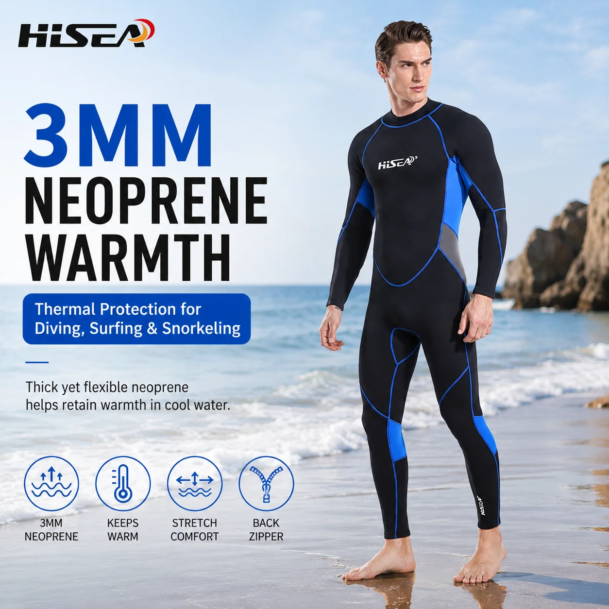 HISEA 3mm Neoprene Full Wetsuit Men Women Long Sleeve One Piece Back Zip for Diving Surfing Snorkeling Swimming