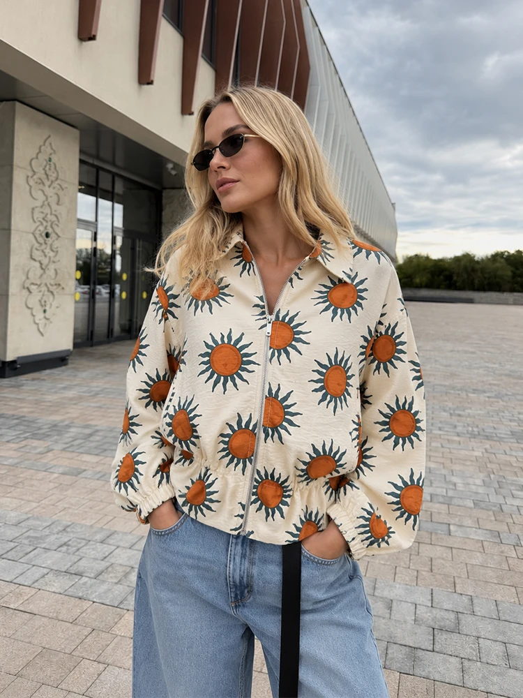 HH Fashion Women's Sunflower Print Bomber Jacket Spring Autumn Oversized Zip Up Floral Casual Coat Female Loose Streetwear
