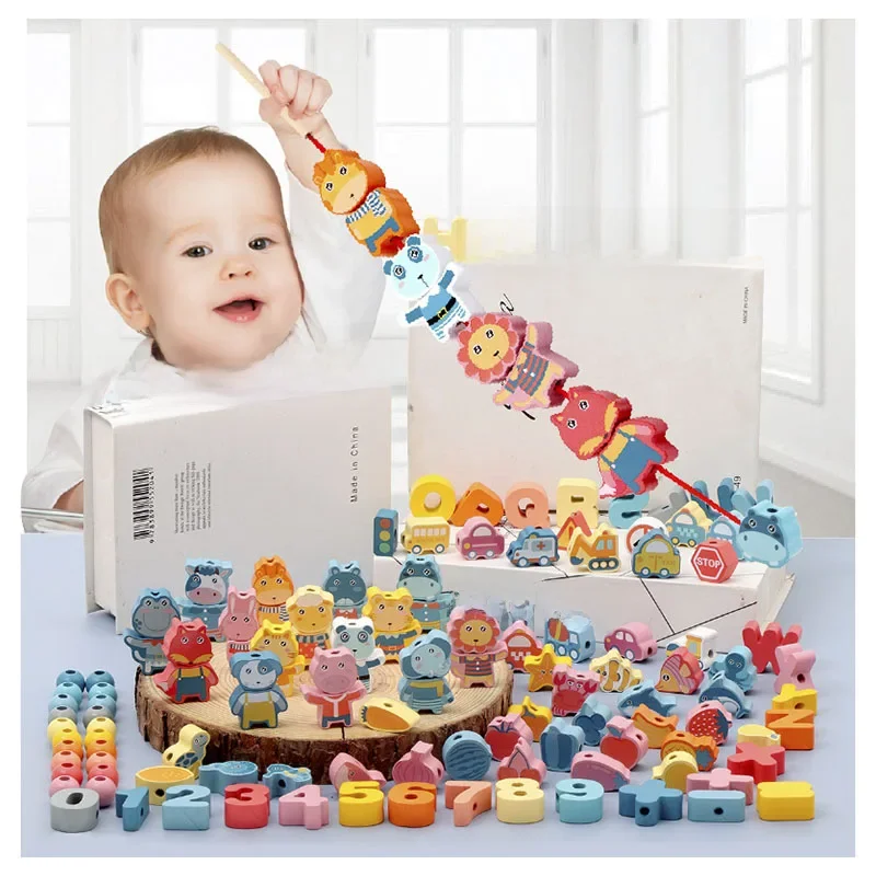 Jouet de laçage en bois Montessori pour enfants, bricolage de perles en bois pour enfants, animaux de dessin animé, lettres de fruits, perles numériques, jouets d'enfilage, cadeaux