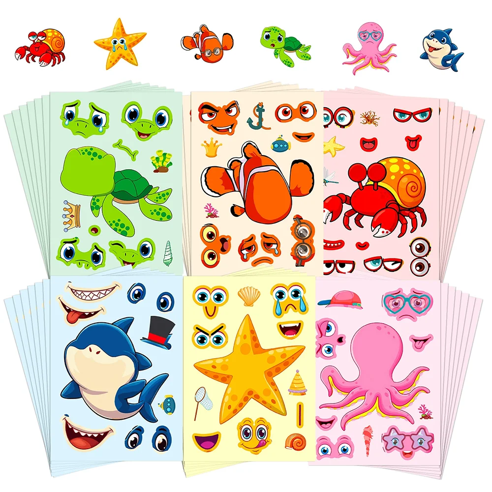 6/12Sheets New Cute Sea Creature Face Changing Puzzle Stickers PVC Material Creative DIY Refrigerator Laptop Children’s Stickers