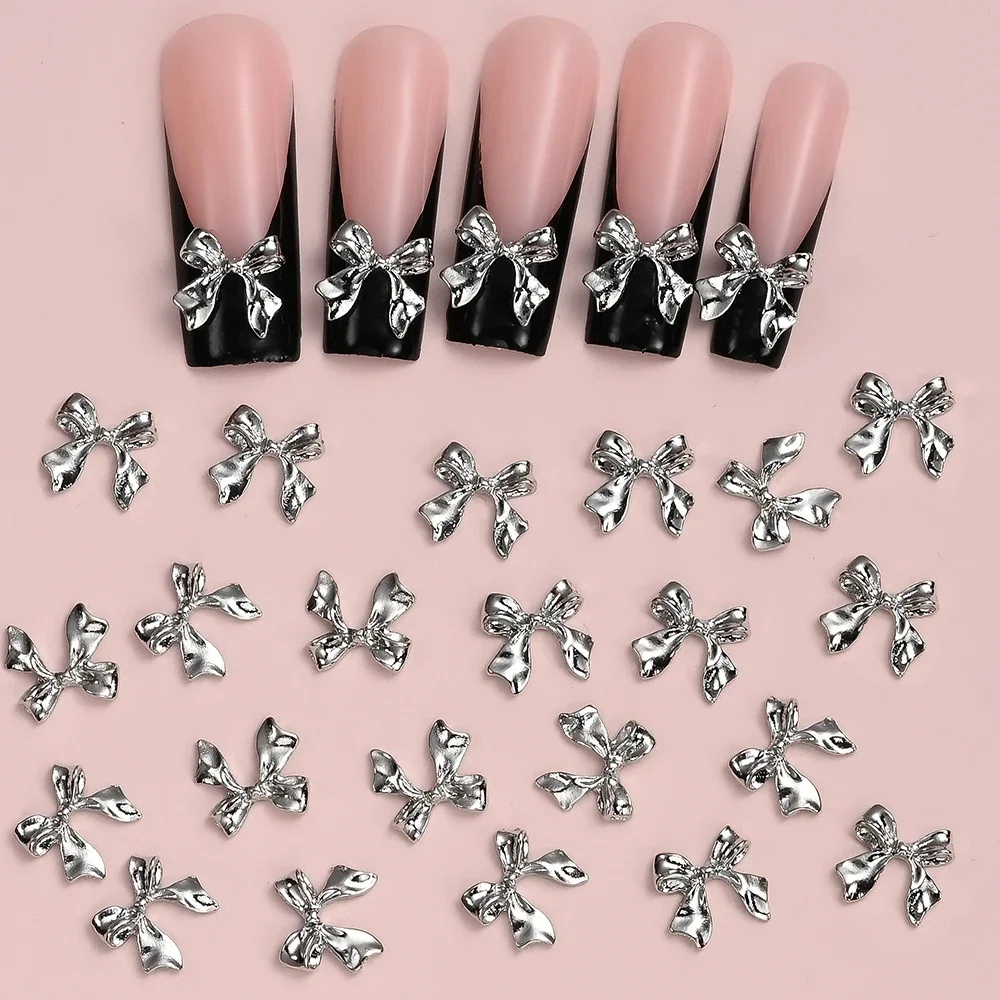 20 pièces Kawaii métallique argent ruban arc ongles breloques 3D alliage argent nœud papillon ruban ongles gemmes luxe Flatback arc ongles pièces Y5K $