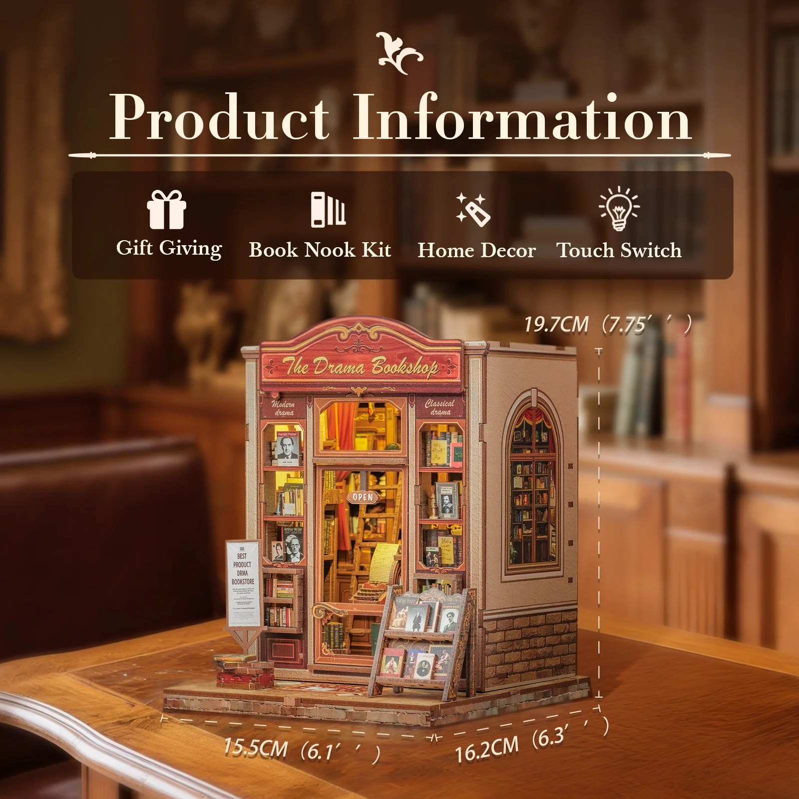 

CUTEBEE 3D Деревянный пазл-конструктор «Книжный уголок»: миниатюрная модель дома для сборки, вставка для книжной полки с реалистичной LED-подсветкой, набор для творчества