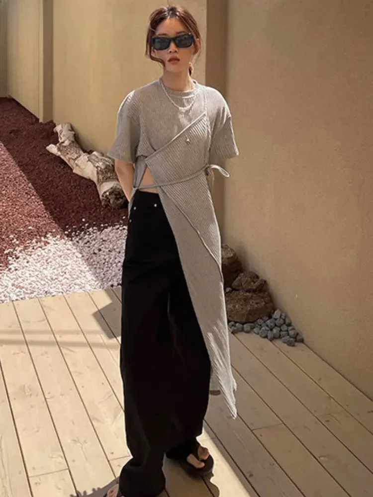 Sukienki midi Moda damska Solidne Proste Przytulne Eleganckie Delikatne Rozcięcie Codzienny Bandaż Linia A Lato O-neck Słodki Koreański Styl Design — zdjęcie 2