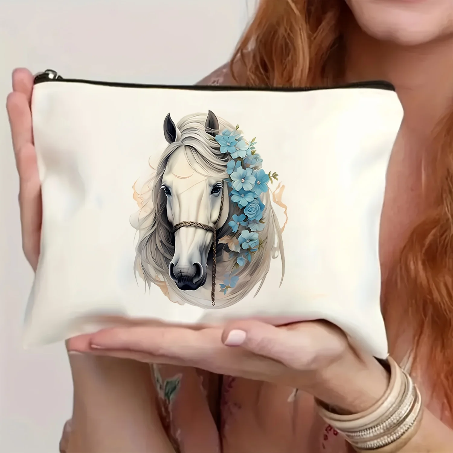 1Pc Fun Horse Retro Design Makeup Bag, Snack Storage Bag, Stationery Storage Bag, Fashionable Toiletry Bag, Canvas Double-Sided Printed Travel Bag